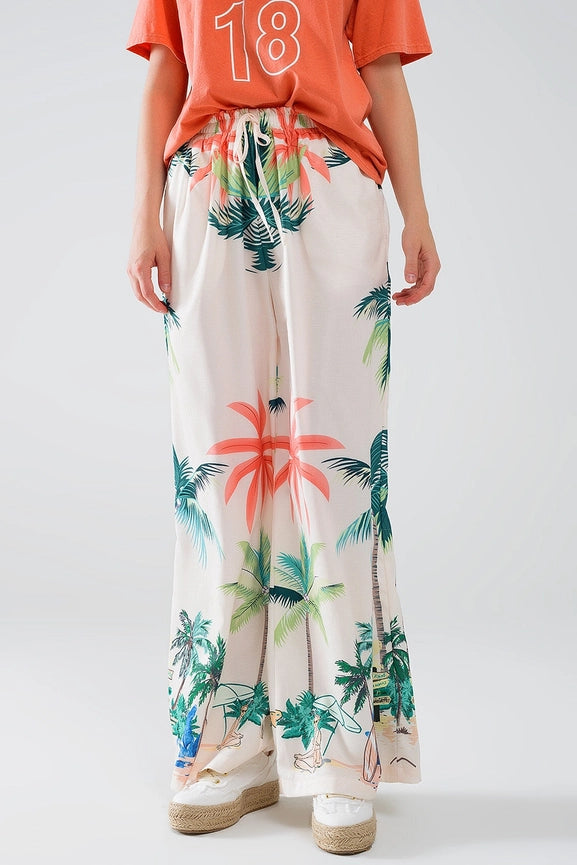Cream Straight Leg Pants with Beach Print and Elastic Waist-Pants-Q2-S-Beige-Urbanheer