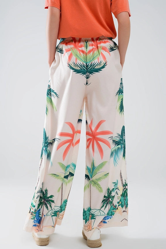Cream Straight Leg Pants with Beach Print and Elastic Waist-Pants-Q2-S-Beige-Urbanheer