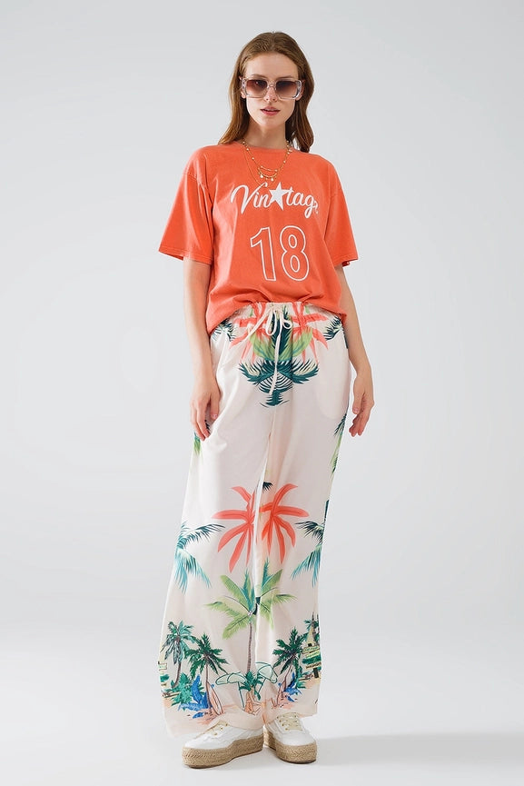 Cream Straight Leg Pants with Beach Print and Elastic Waist-Pants-Q2-S-Beige-Urbanheer