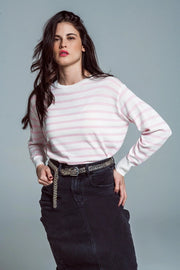 Crew Neck Basic Stripe Sweater in Pink-Sweater-Q2-S-Pink-Urbanheer