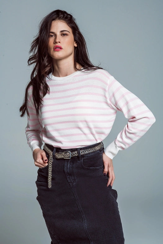 Crew Neck Basic Stripe Sweater in Pink-Sweater-Q2-S-Pink-Urbanheer