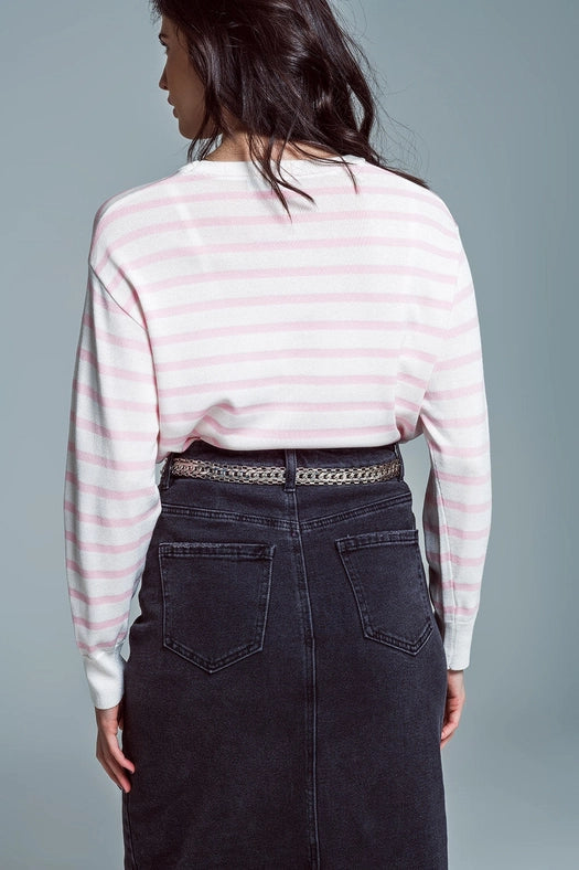 Crew Neck Basic Stripe Sweater in Pink-Sweater-Q2-S-Pink-Urbanheer