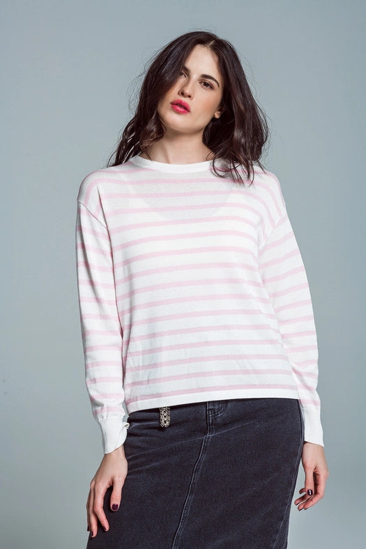 Crew Neck Basic Stripe Sweater in Pink-Sweater-Q2-S-Pink-Urbanheer