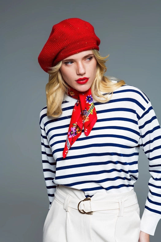 Crew Neck Basic Stripe Sweater in White and Navy-Sweater-Q2-L-Blue-Urbanheer