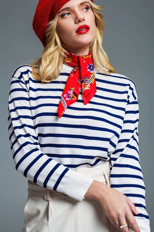 Crew Neck Basic Stripe Sweater in White and Navy-Sweater-Q2-L-Blue-Urbanheer