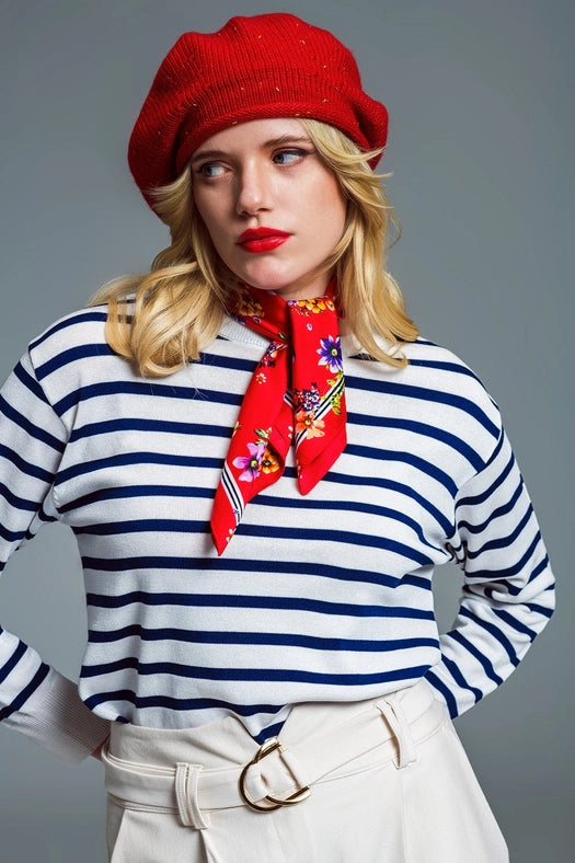 Crew Neck Basic Stripe Sweater in White and Navy-Sweater-Q2-L-Blue-Urbanheer