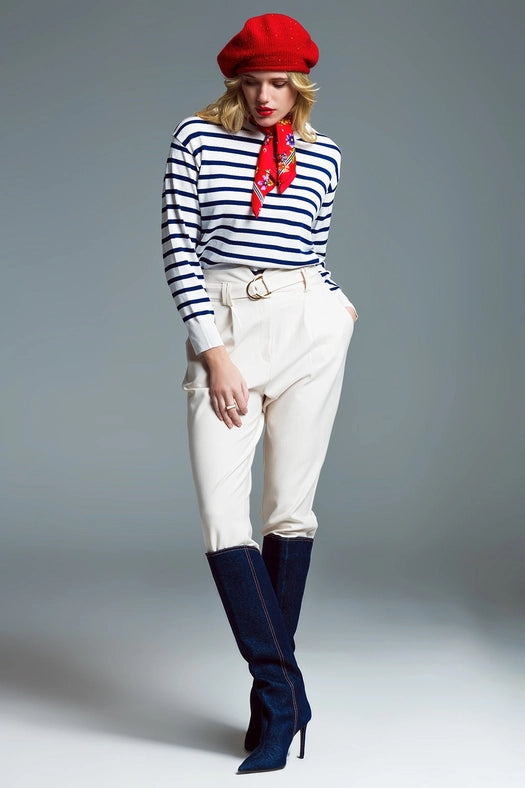 Crew Neck Basic Stripe Sweater in White and Navy-Sweater-Q2-L-Blue-Urbanheer