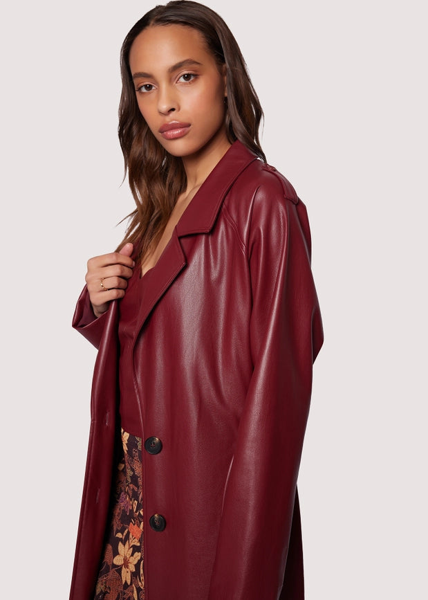 Crimson Holly Trench Coat Faux Leather Red Wine from Lost