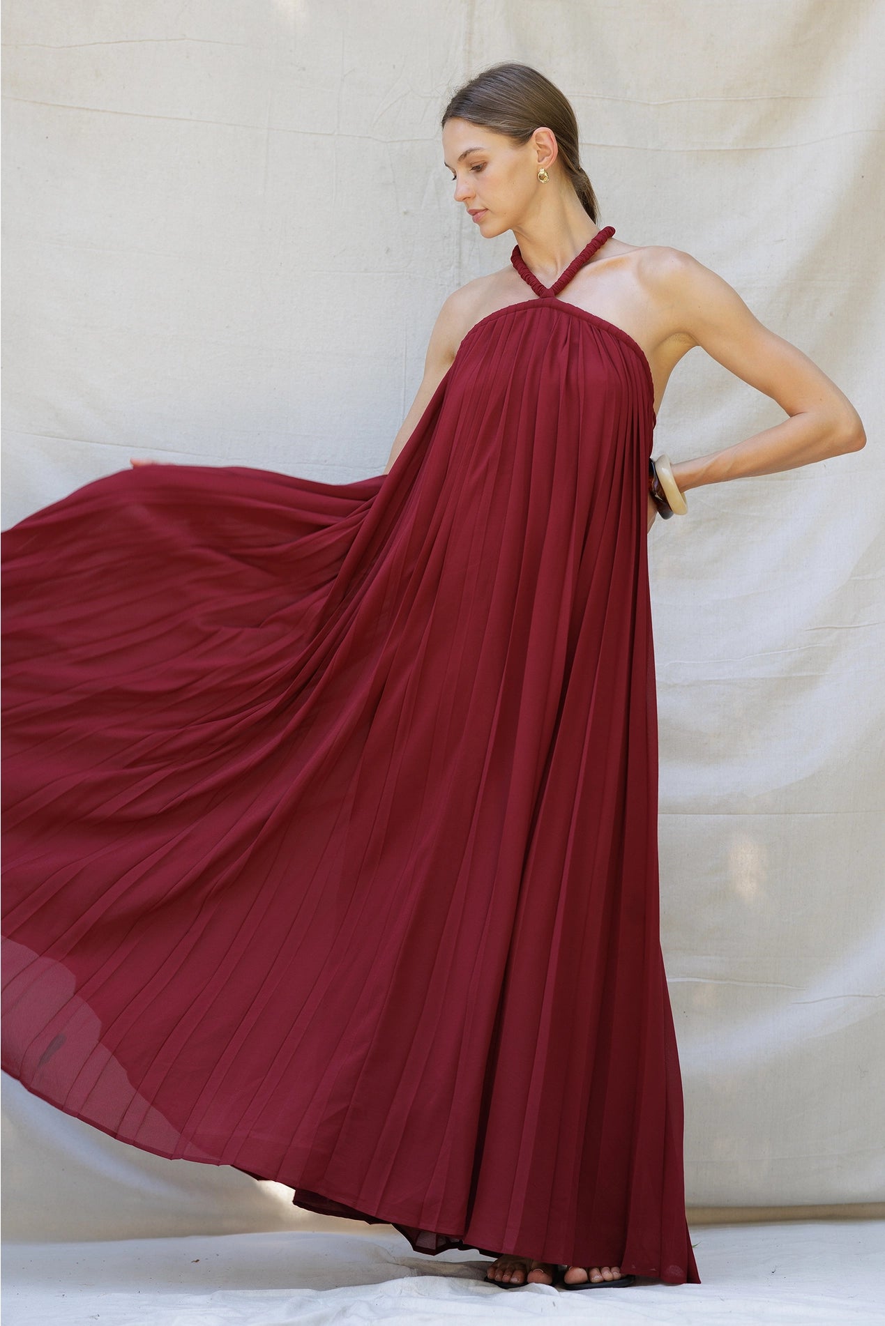 Crimson Pleated Halter Maxi Dress