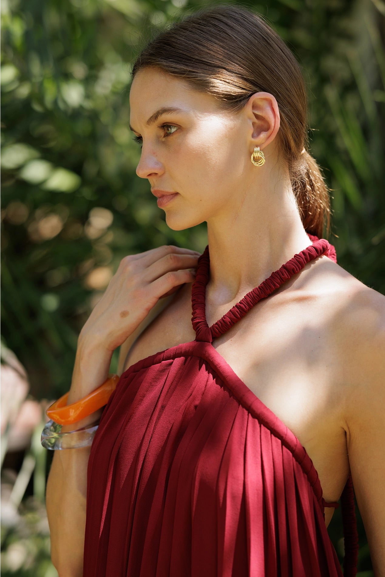 Crimson Pleated Halter Maxi Dress