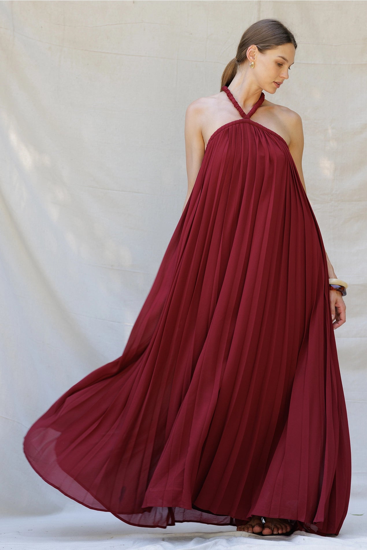 Crimson Pleated Halter Maxi Dress