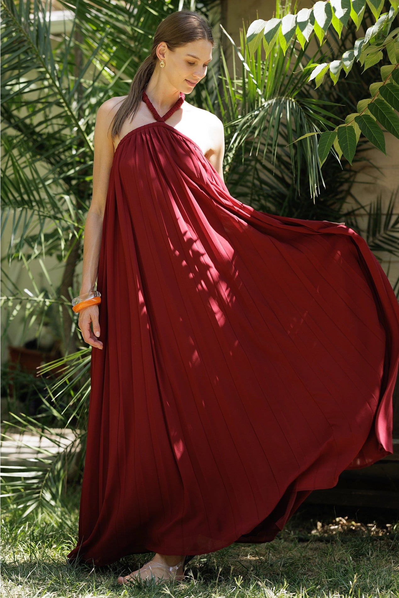 Crimson Pleated Halter Maxi Dress