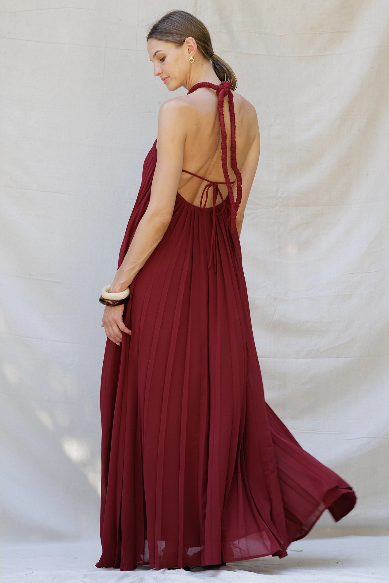 Crimson Pleated Halter Maxi Dress