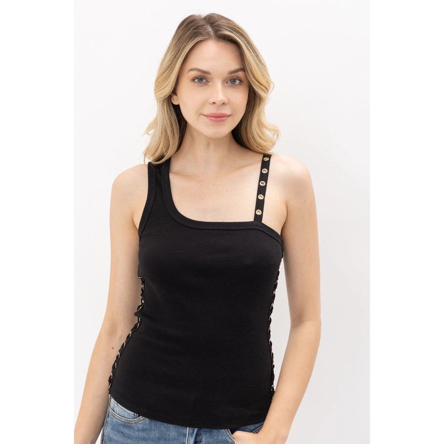 Criss Cross Grommet Laced Up Asymmetrical Tank Top-Tank Top-VOCAL-S-BLACK-Urbanheer