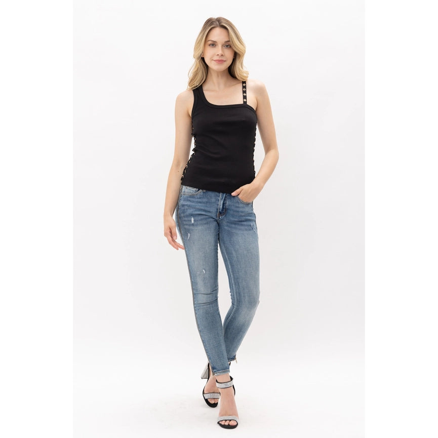 Criss Cross Grommet Laced Up Asymmetrical Tank Top-Tank Top-VOCAL-S-BLACK-Urbanheer