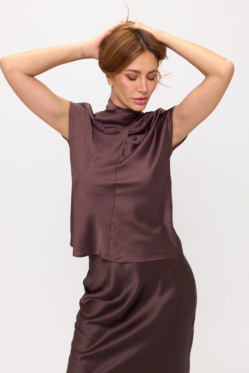 Crisscross Satin Turtle Neck Top-0