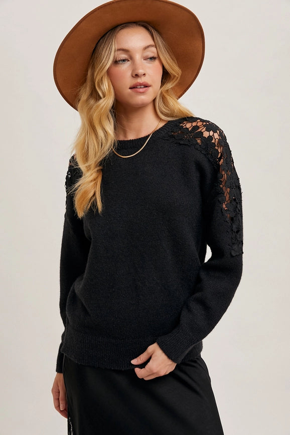 Crochet Contrast Knit Sweater Pullover Black-Pullover-Peace Love Line-S/M-Urbanheer
