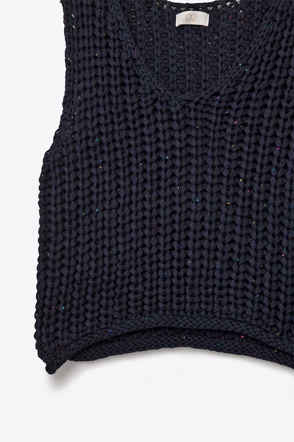 Crochet Cropped Vest in Navy with Sequins Thread