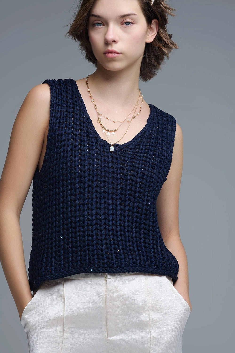 Crochet Cropped Vest in Navy with Sequins Thread