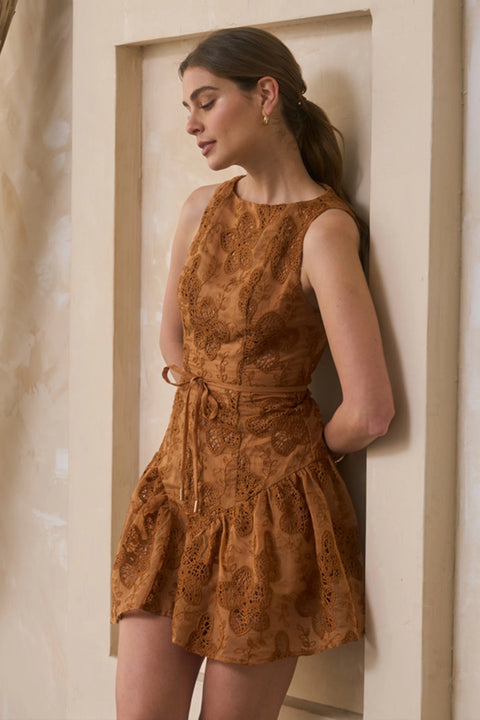 Crochet Embroidered Boat Neck Belted Mini Dress