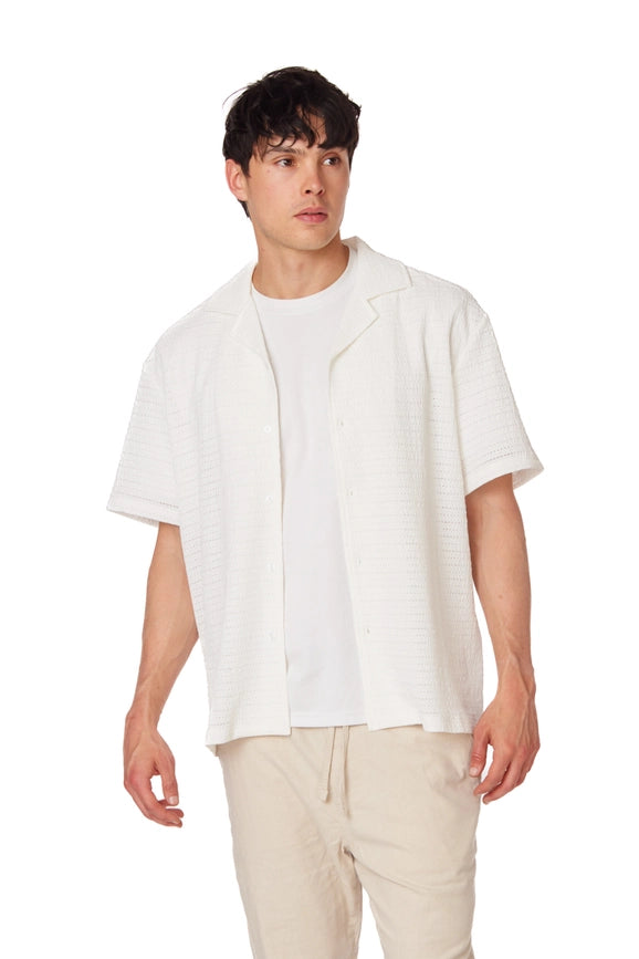 Crochet Embroidered Leaf Short Sleeve Men Shirt-Shirt-Hawk's Bay-XS-Urbanheer