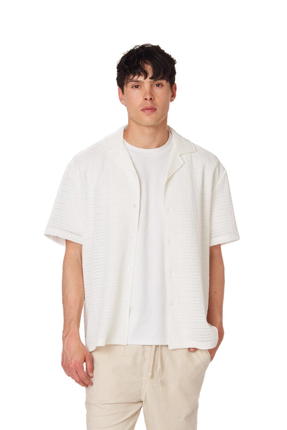 Crochet Embroidered Leaf Short Sleeve Men Shirt-Shirt-Hawk's Bay-XS-Urbanheer