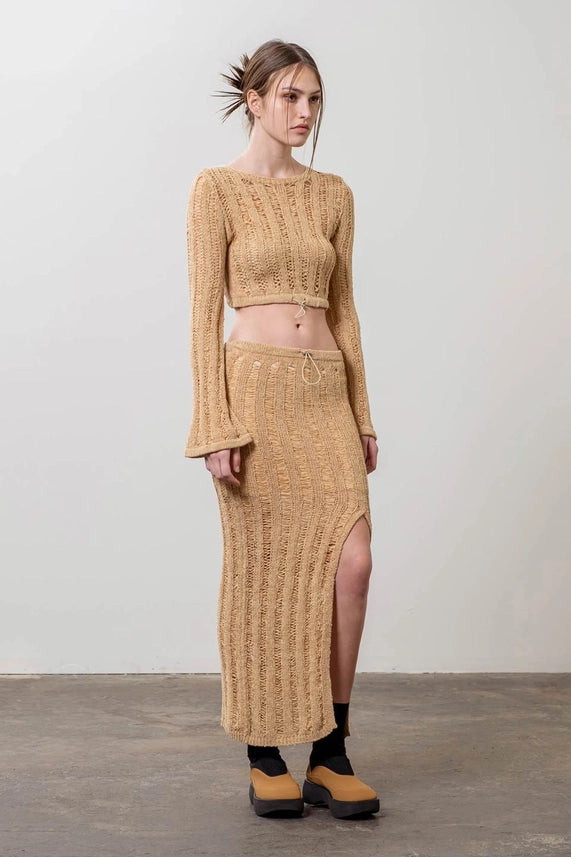 Crochet Knit Midi Skirt-Skirts-Moon River-XS-KHAKI-Urbanheer