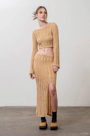 Crochet Knit Midi Skirt-Skirts-Moon River-XS-KHAKI-Urbanheer