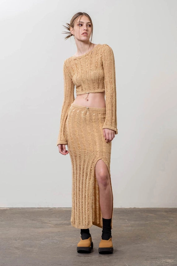 Crochet Knit Midi Skirt-Skirts-Moon River-XS-KHAKI-Urbanheer