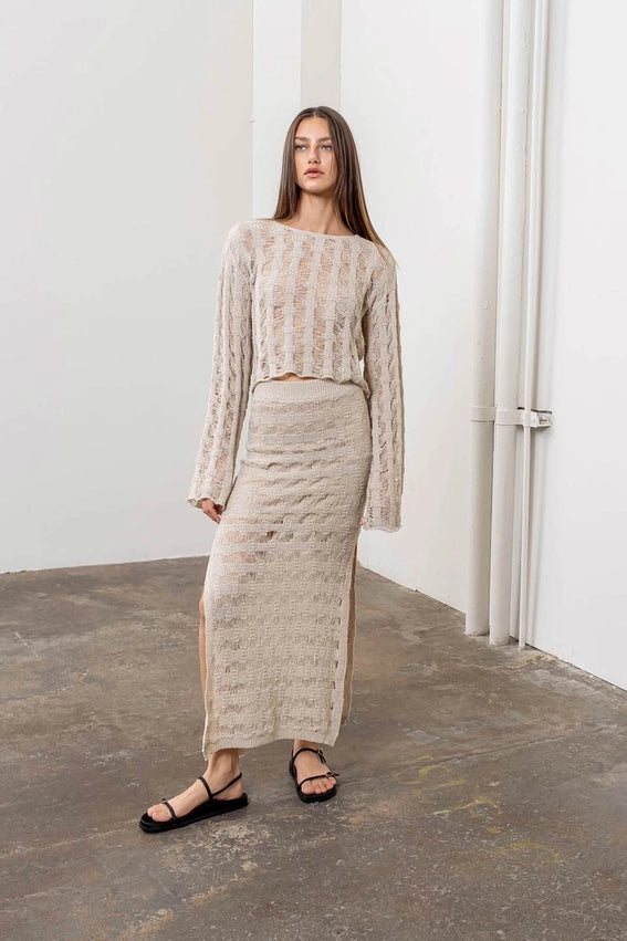 Crochet Knit Side Slit Midi Skirt-Skirts-Moon River-XS-OATMEAL-Urbanheer