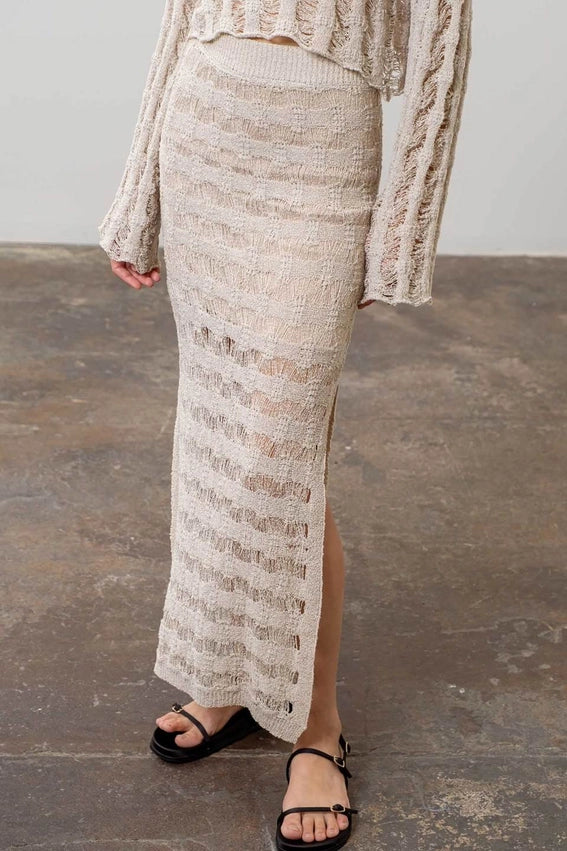 Crochet Knit Side Slit Midi Skirt-Skirts-Moon River-XS-OATMEAL-Urbanheer