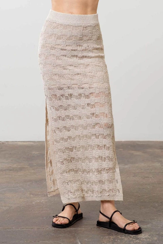 Crochet Knit Side Slit Midi Skirt-Skirts-Moon River-XS-OATMEAL-Urbanheer