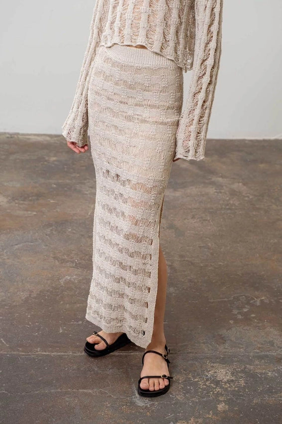 Crochet Knit Side Slit Midi Skirt-Skirts-Moon River-XS-OATMEAL-Urbanheer