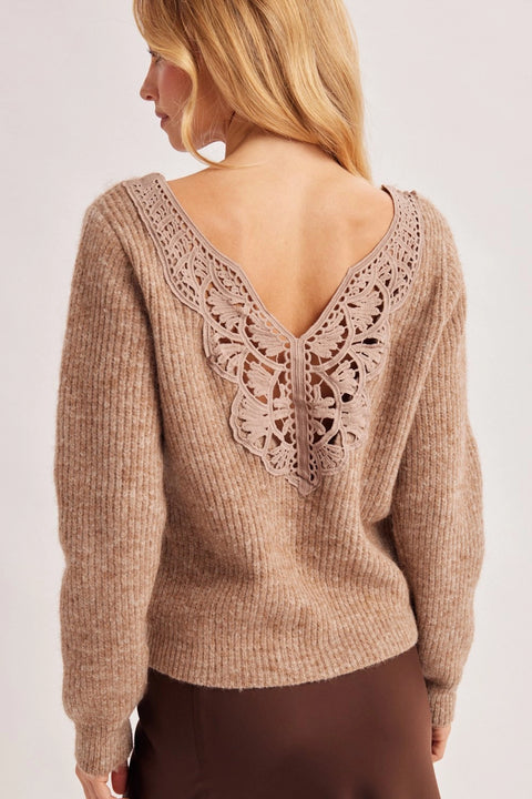 Crochet Lace Back V Neck Knit Sweater