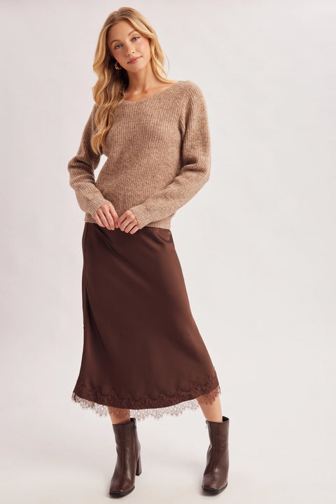 Crochet Lace Back V Neck Knit Sweater