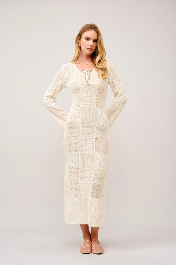 Crochet Lace Bell Sleeve Slit Maxi Dress-Dress-Blue B-S-IVORY-Urbanheer