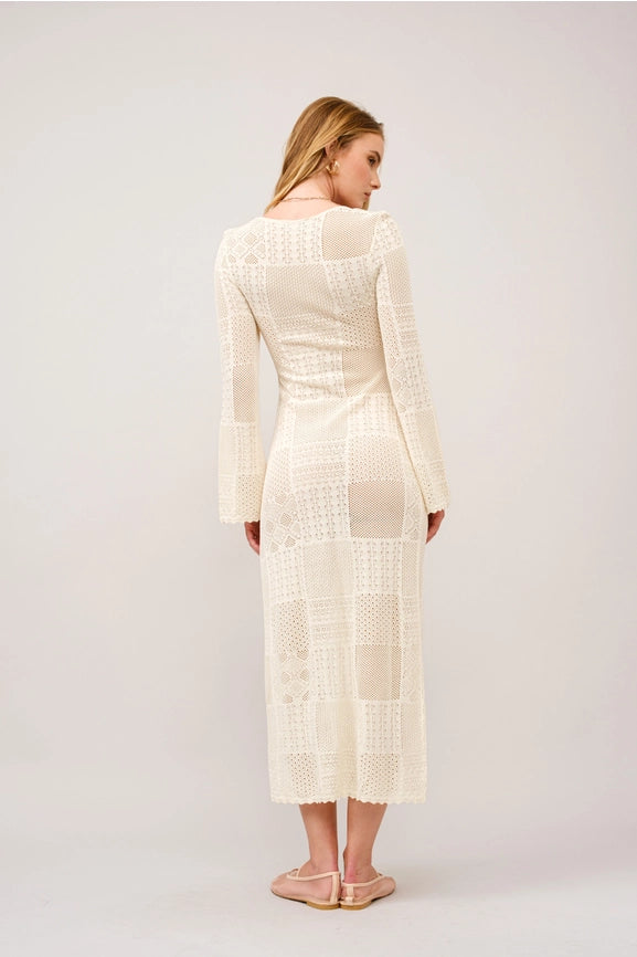 Crochet Lace Bell Sleeve Slit Maxi Dress-Dress-Blue B-S-IVORY-Urbanheer