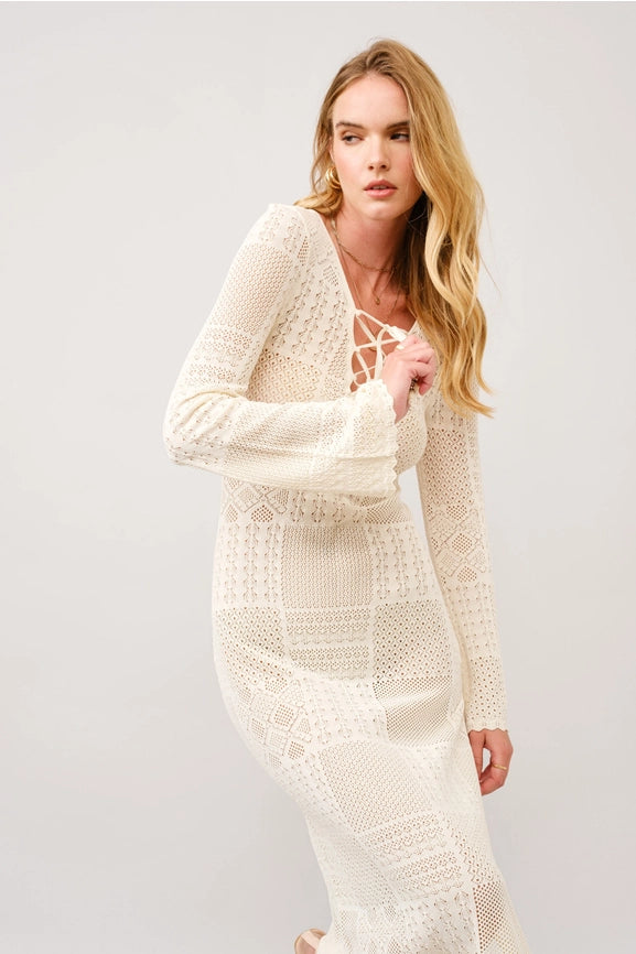 Crochet Lace Bell Sleeve Slit Maxi Dress-Dress-Blue B-S-IVORY-Urbanheer