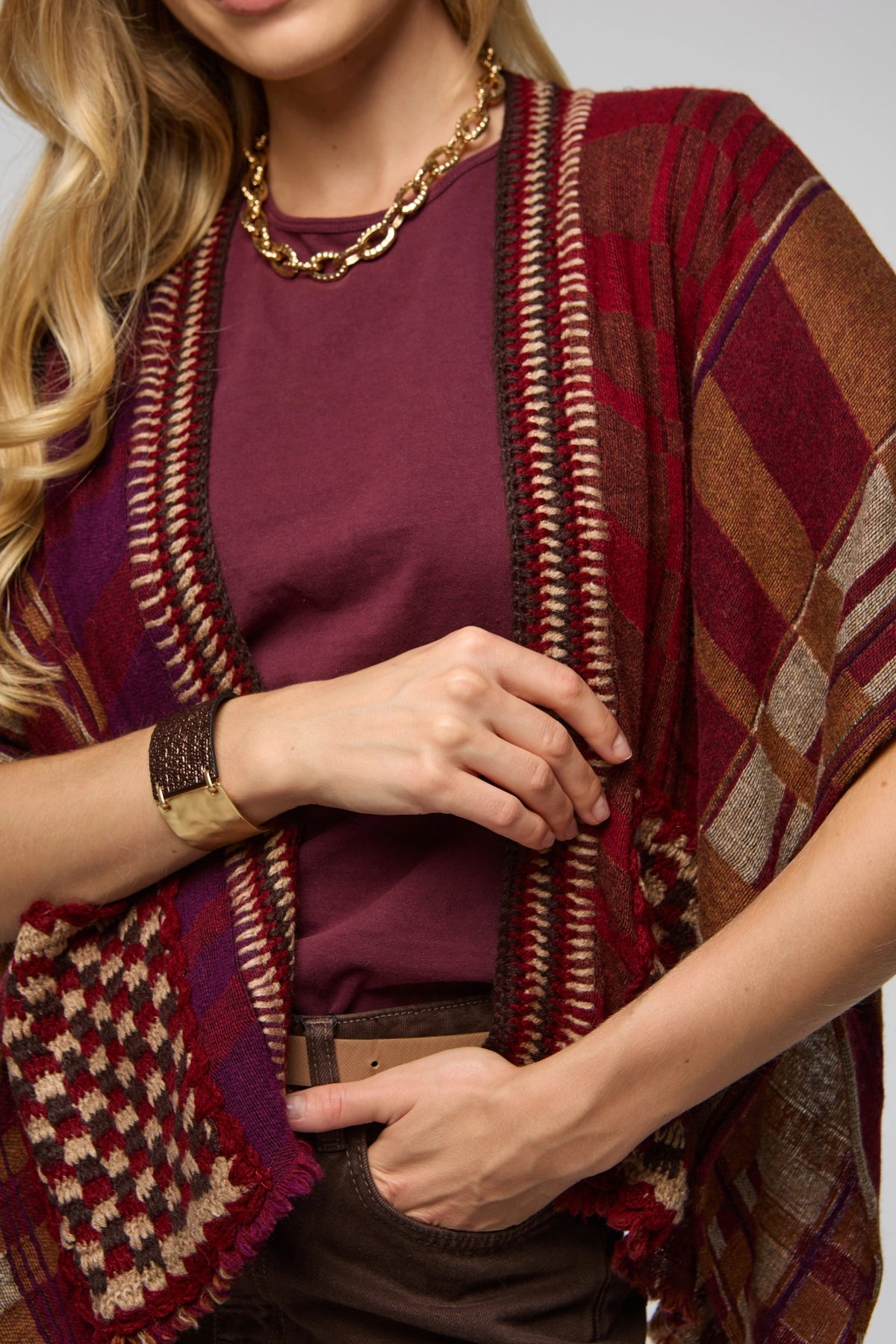 Crochet Trim Plaid Knit Poncho