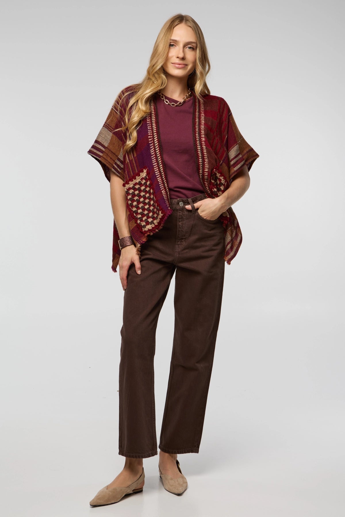 Crochet Trim Plaid Knit Poncho