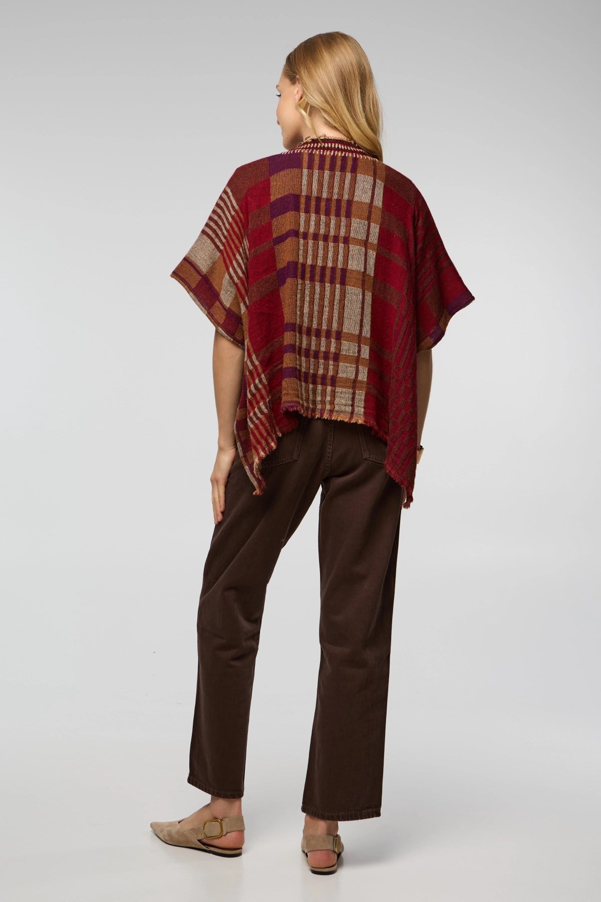 Crochet Trim Plaid Knit Poncho