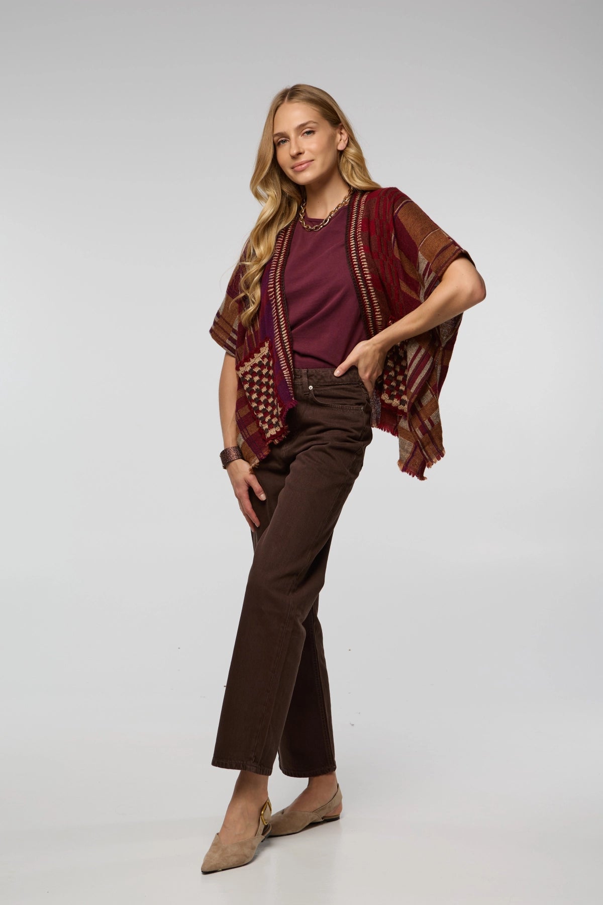 Crochet Trim Plaid Knit Poncho