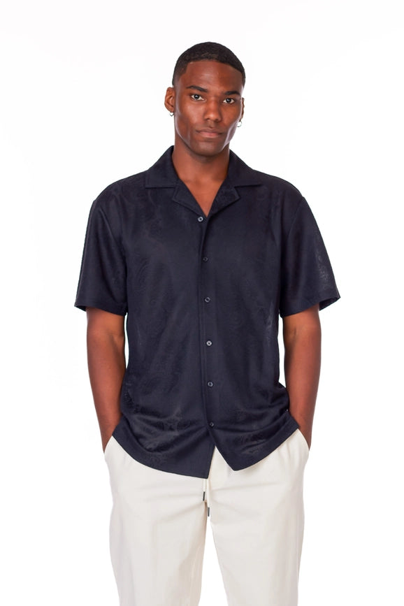 Crochet/Textured Short Sleeve Men's Shirt BLACK-Shirt-Hawk's Bay-S-Urbanheer