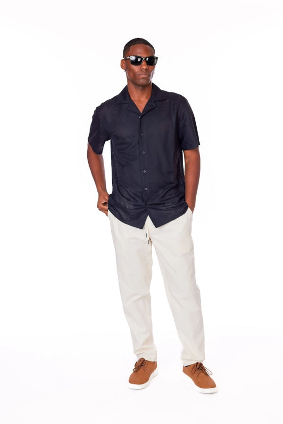 Crochet/Textured Short Sleeve Men's Shirt BLACK-Shirt-Hawk's Bay-S-Urbanheer