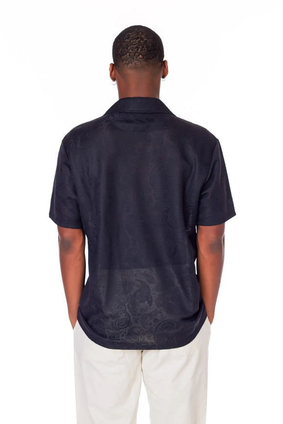 Crochet/Textured Short Sleeve Men's Shirt BLACK-Shirt-Hawk's Bay-S-Urbanheer