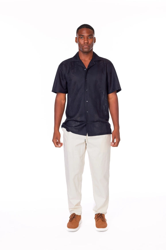 Crochet/Textured Short Sleeve Men's Shirt BLACK-Shirt-Hawk's Bay-S-Urbanheer