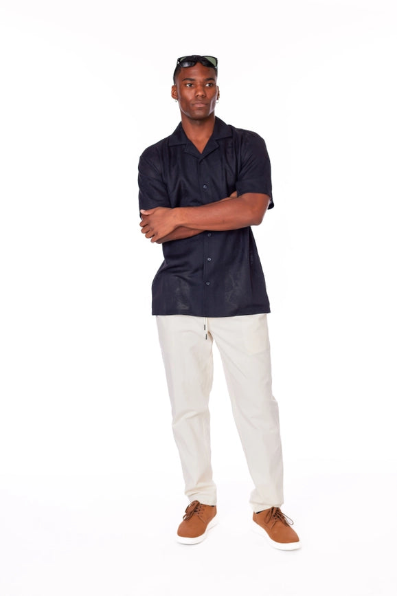 Crochet/Textured Short Sleeve Men's Shirt BLACK-Shirt-Hawk's Bay-S-Urbanheer