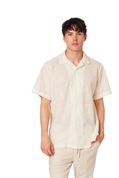 Crochet/Textured Short Sleeve Men's Shirt CREAM-Shirt-Hawk's Bay-S-Urbanheer