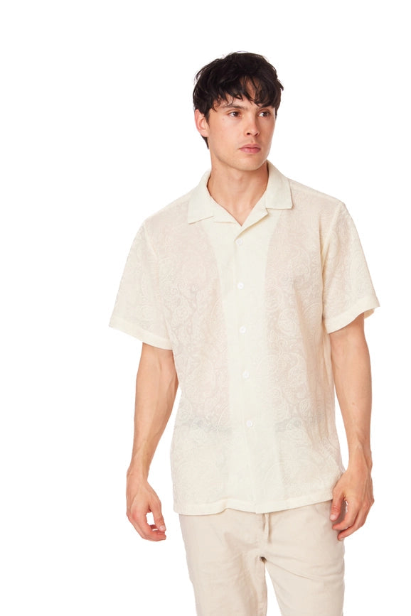 Crochet/Textured Short Sleeve Men's Shirt CREAM-Shirt-Hawk's Bay-S-Urbanheer