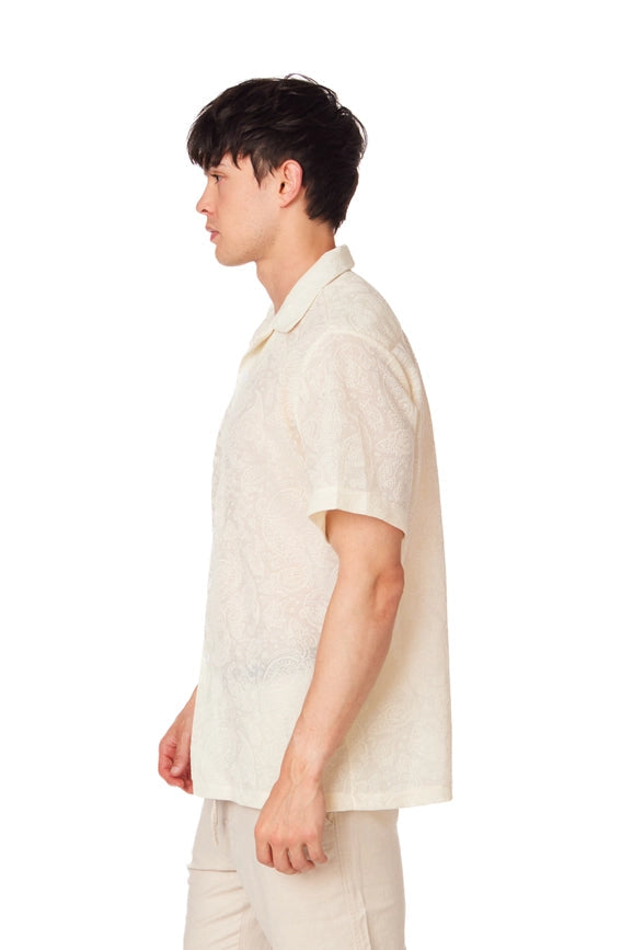 Crochet/Textured Short Sleeve Men's Shirt CREAM-Shirt-Hawk's Bay-S-Urbanheer